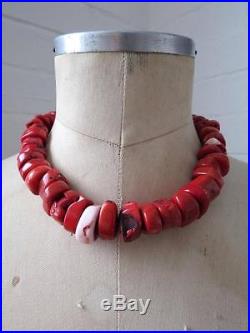 Vintage Blood Red Coral Bead Heavy Necklace 211g Solid Silver Acorn Clasp