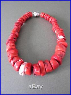 Vintage Blood Red Coral Bead Heavy Necklace 211g Solid Silver Acorn Clasp