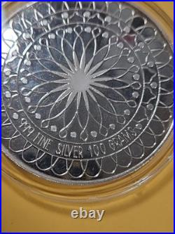 Vintage Hindu God. 999 Solid Silver Medal 100 GRAMS RARE Lily pad & Elephants