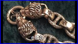 Vintage Italian Designer Chain Solid Silver Bracelet As Two Lion Holding A Ring
