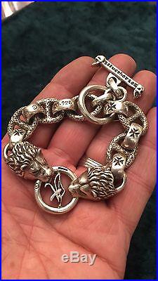 Vintage Italian Designer Chain Solid Silver Bracelet As Two Lion Holding A Ring