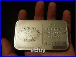 Vintage Johnson Matthey London 500 Grams Solid Fine Silver 999 Bullion Bar
