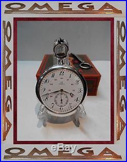 Vintage Mens Pocket Watch Omega Open Face Swiss Made Solid Silver Box And Chain