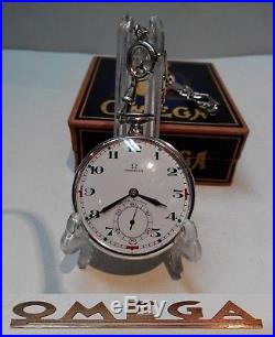 Vintage Mens Pocket Watch Omega Swiss Made 0.900 Solid Silver Box And Chain