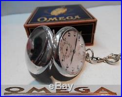 Vintage Mens Pocket Watch Omega Swiss Made 0.900 Solid Silver Box And Chain