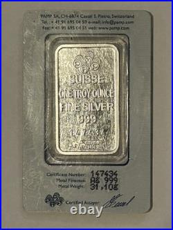 Vintage PAMP Swiss 1oz. 999 Silver Bullion Bar Lady Fortuna in Assay Card. PS4