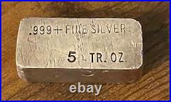 Vintage Poured Solid 5 Troy oz. 999 Fine Silver Bar