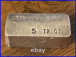 Vintage Poured Solid 5 Troy oz. 999 Fine Silver Bar