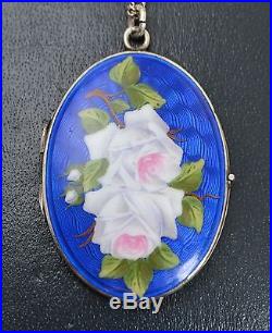 Vintage SOLID SILVER & Enamel ROSES Flowers Unusual LOCKET Pendant on 25 Chain