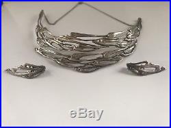 Vintage Scottish 60's solid silver flight of swallows necklace and earrings set