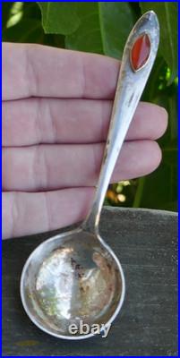 Vintage Set of 7 Chinese Export Sterling & Carnelian Soup / Bullion Spoon's