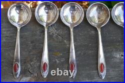 Vintage Set of 7 Chinese Export Sterling & Carnelian Soup / Bullion Spoon's