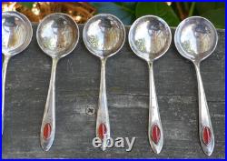 Vintage Set of 7 Chinese Export Sterling & Carnelian Soup / Bullion Spoon's