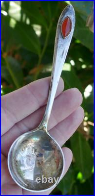 Vintage Set of 7 Chinese Export Sterling & Carnelian Soup / Bullion Spoon's