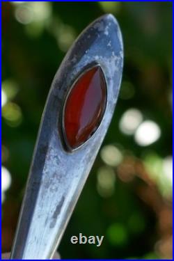 Vintage Set of 7 Chinese Export Sterling & Carnelian Soup / Bullion Spoon's