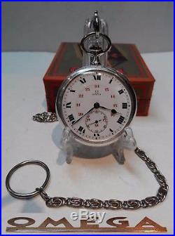 Vintage Swiss Made Mens Pocket Watch Omega Solid Silver Open Face Box And Chain