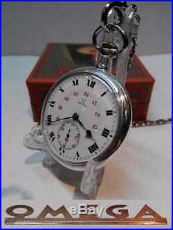 Vintage Swiss Made Mens Pocket Watch Omega Solid Silver Open Face Box And Chain