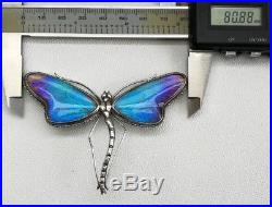 Vtg Art Nouveau c1910 Large Solid Silver Dragonfly Brooch Morpho Butterfly Wing