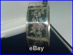 Wide Victorian Solid Silver Floral & Leaf Decorated Bangle Bracelet Sterling