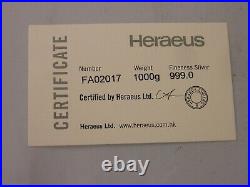 Wonderful 999 grade Heraeus Silver Bar & Certificate 1000 grams